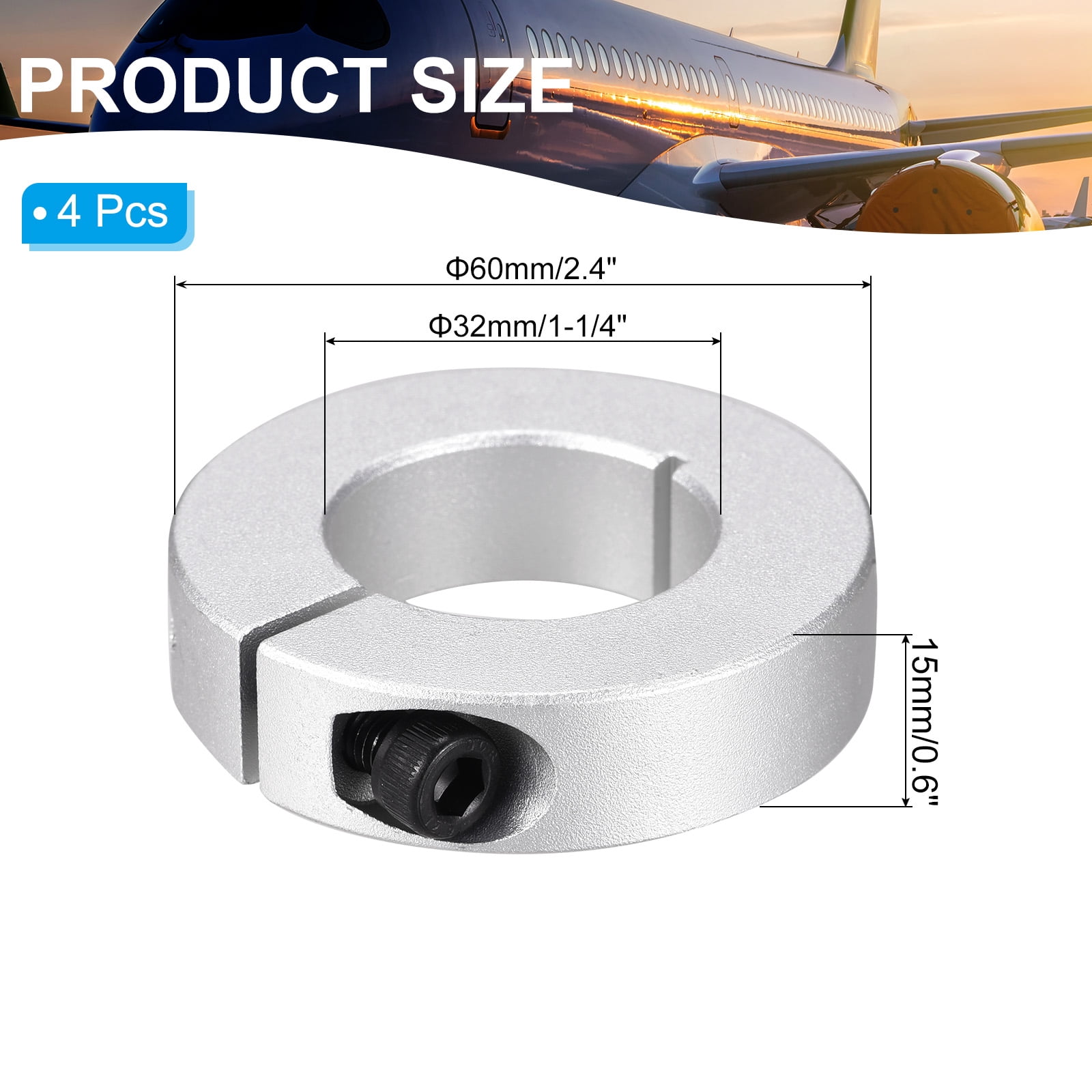 Aluminum Alloy Bore 32mm Single Split Shaft Collar 60mm OD 15mm Thickness with Set Screw, Silver 4 Pack