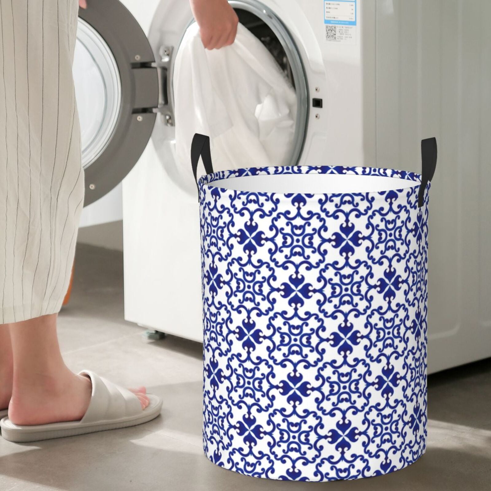 Rateoe Porcelain Chinaware Pattern Round Laundry Hamper Basket, Tall Hamper Basket for Blanket Storage, Nursery Clothes Hamper for Laundry in Bedroom and College Dorm-