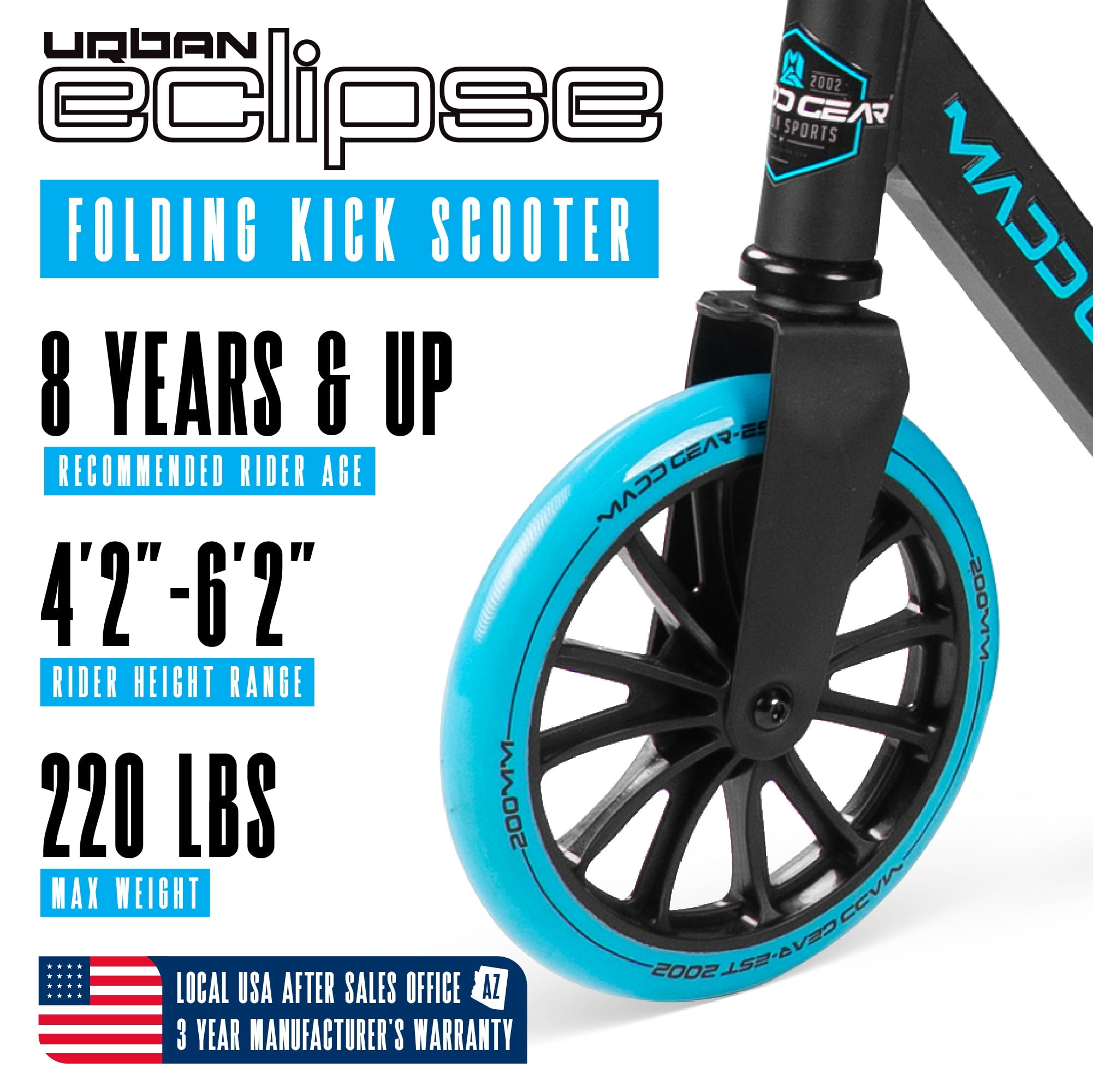 Madd Gear Eclipse Commuter Scooter with 200mm Blue Wheels