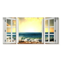 Elephant Stock Window To Wavy Beach Wall Art - Horizontal Multi Panel Canvas - Living Room Wall Decor - Beach Multi Panel - Yellow And White Decor - 22" x 10"