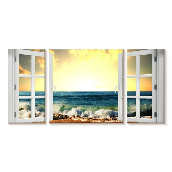 Elephant Stock Window To Wavy Beach Wall Art - Horizontal Multi Panel Canvas - Living Room Wall Decor - Beach Multi Panel - Yellow And White Decor - 22" x 10"