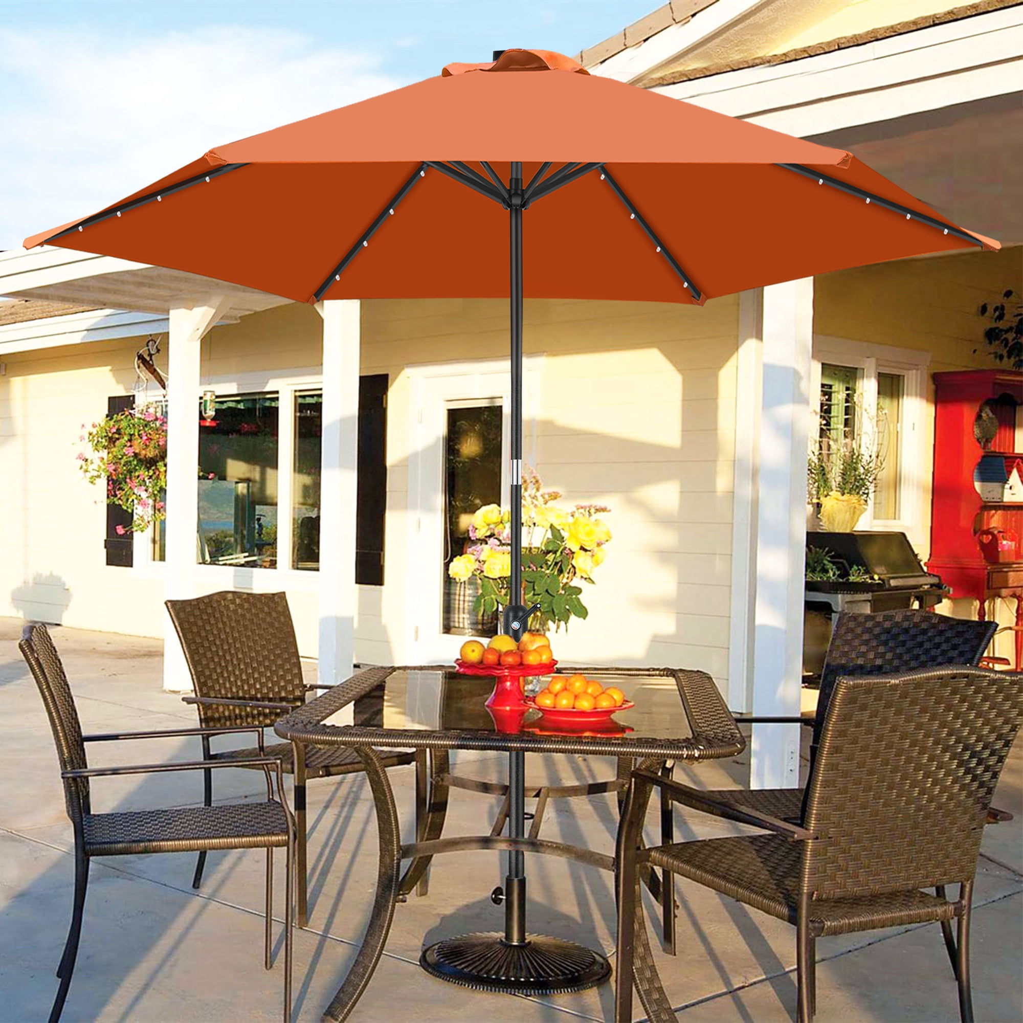 Scafild | 7.5 Ft Solar LED Light Patio Umbrella Outdoor W/ Easy Tilt - Coral Red