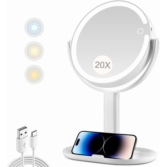 Makeup Mirror with Lights,20X Magnifying Mirror with Light and Touch Switch,Vanity Mirror with 3 Color Light and 80 LEDs,2-Sided Lighted Magnified Mirror 8.8 Inches