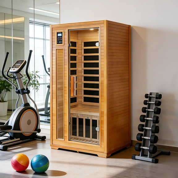 COOS BAY Infrared Sauna Home Sauna Spa Room Low-EMF Canadian Hemlock Wood with Light Therapy and Bluetooth Speakers, Brown