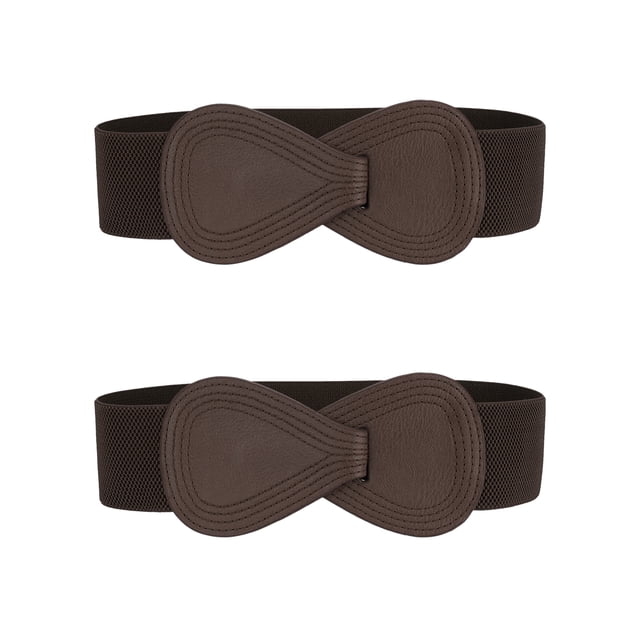 Cinturón elástico de cuero sintético con hebilla en forma de 8 Inspire Chic de 2 piezas para dama 33.5x2.36" (LxW) Marrón