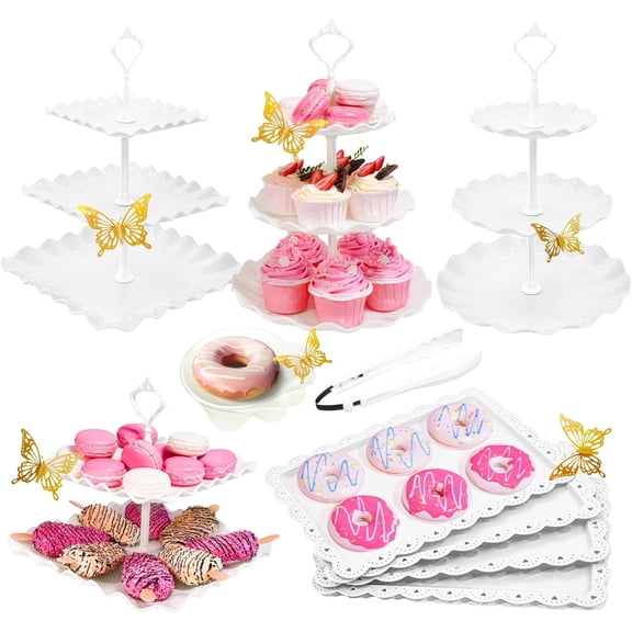 15 PCS Dessert Table Display Set White Cupcake Stand,3 Tiered Tray Stand Cup Cake Tower Holder, Cake Stand Serving Trays Dessert Display Stands for Tea Party Wedding Baby Shower-White