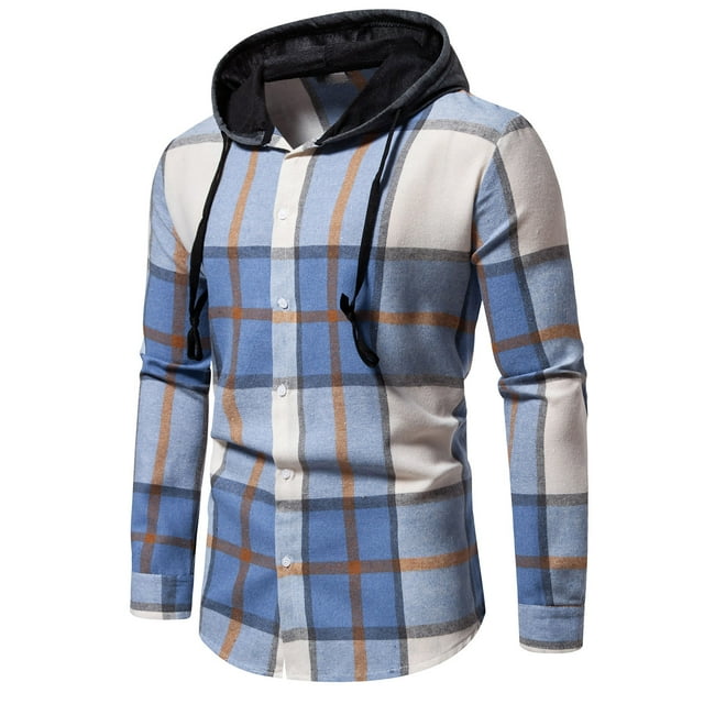 Blusa de manga larga con capucha para hombre, blusa informal de retazos a cuadros con capucha y botones, blusa de manga larga para hombre