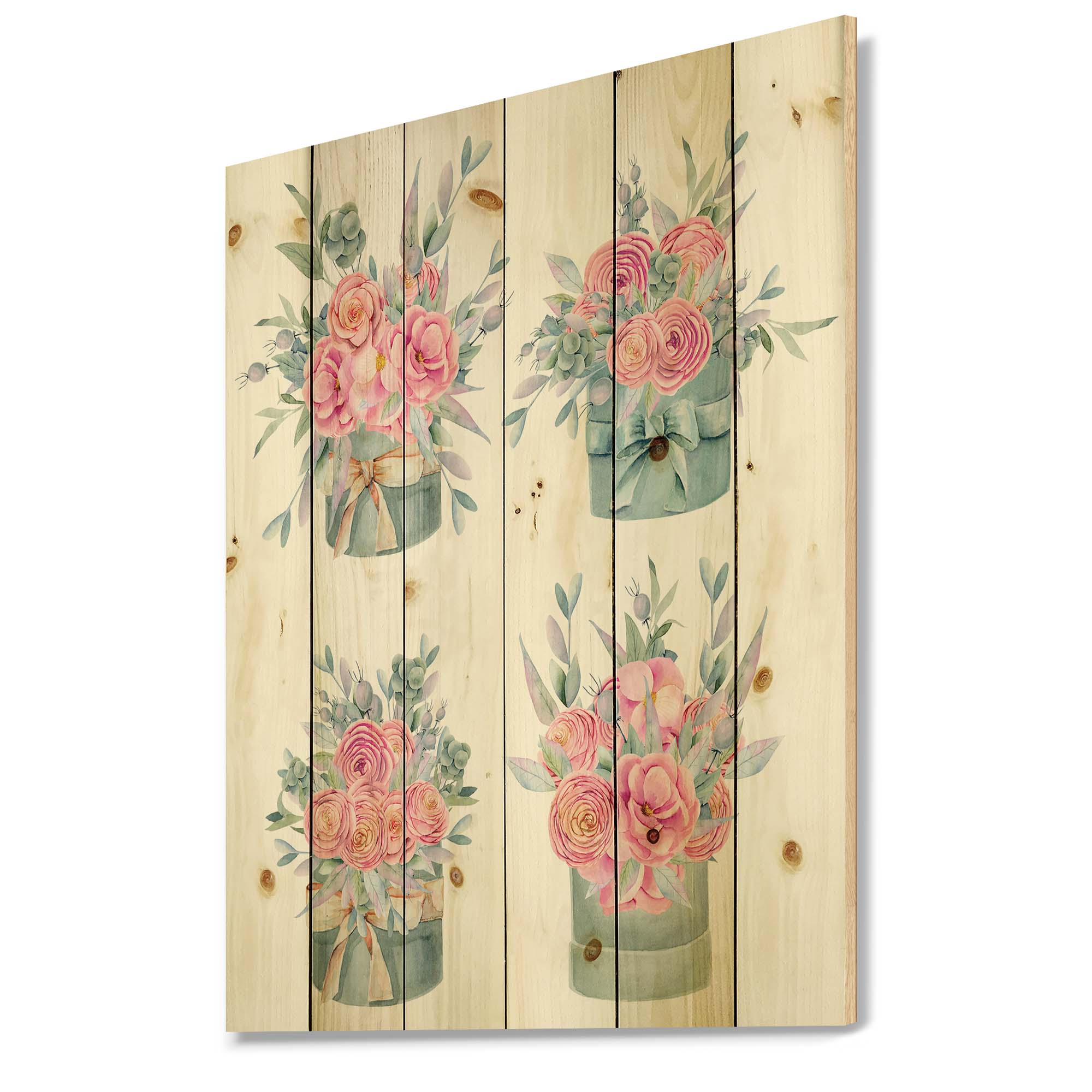 Designart 'Bouquets Collection of Pink Roses' Farmhouse Print on Natural Pine Wood