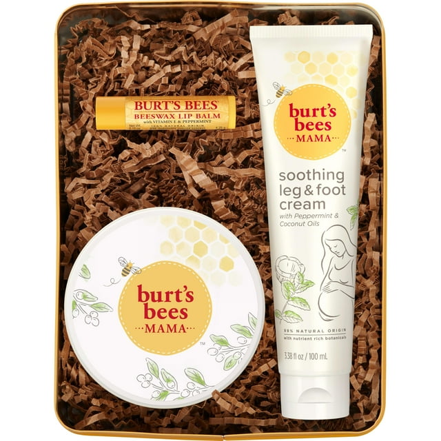 Burts Bees - Juego de regalo de 3 productos para el cuidado de la piel para el embarazo, mantequilla para el vientre, bálsamo labial, cera de abeja original, crema para piernas y pies, con
