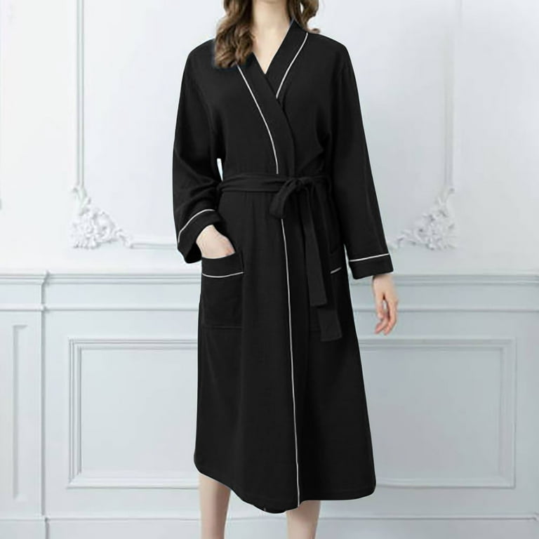 Winter robe for women Solid Bandage Robe Bathrobe Gown Pajamas Long  Sleepwear Pocket Waistband+Belts Winter Warm Thicken suit Black L 