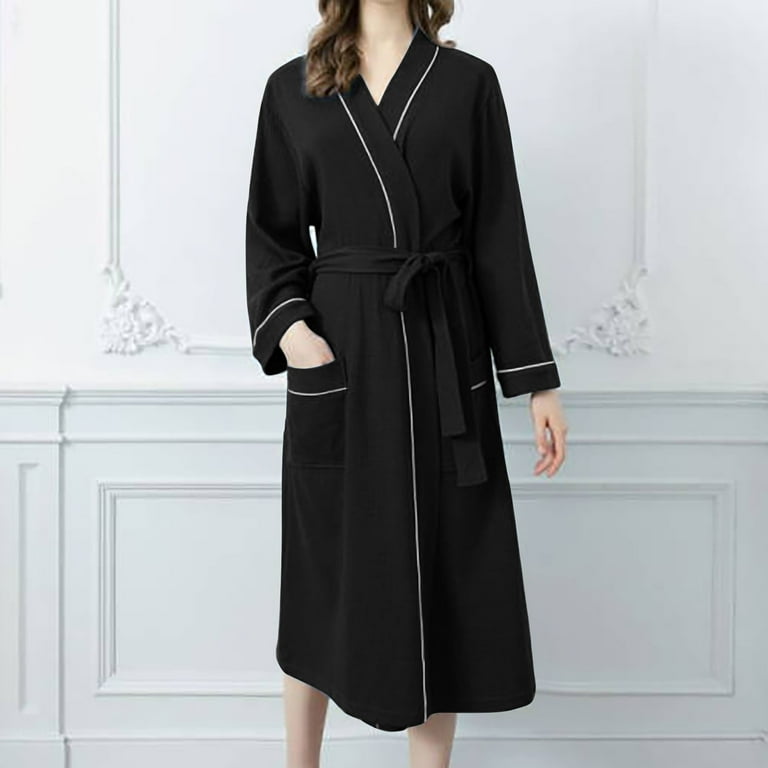 Winter robe for women Solid Bandage Robe Bathrobe Gown Pajamas Long  Sleepwear Pocket Waistband+Belts Winter Warm Thicken suit Black L 