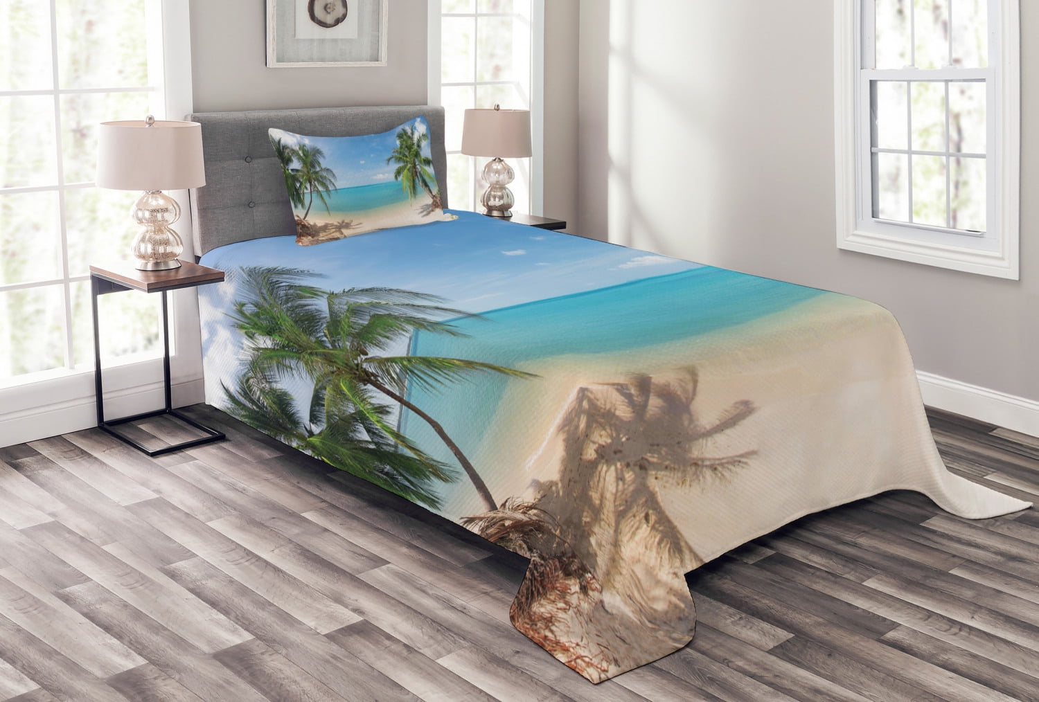 Ocean Bedspread Set Twin Size, Panoramic View of Tropical Sandy Beach