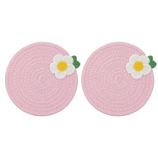2Pcs Manteles Individuales Redondos Trenzados, 7.1" Manteles Tejidos para Mesa de Cocina con Flores para Decoración de Granja (Rosa)