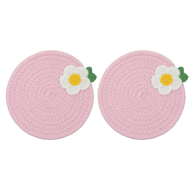 2Pcs Manteles Individuales Redondos Trenzados, 7.1" Manteles Tejidos para Mesa de Cocina con Flores para Decoración de Granja (Rosa)