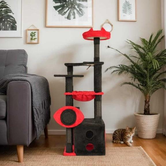 53" Large Cat Tree, Gothic Cat Tower with Padded Perch, Spacious Condo, Comfy Hammock, Scratching Post, Hanging Toy for Indoor Cats, Red & Black