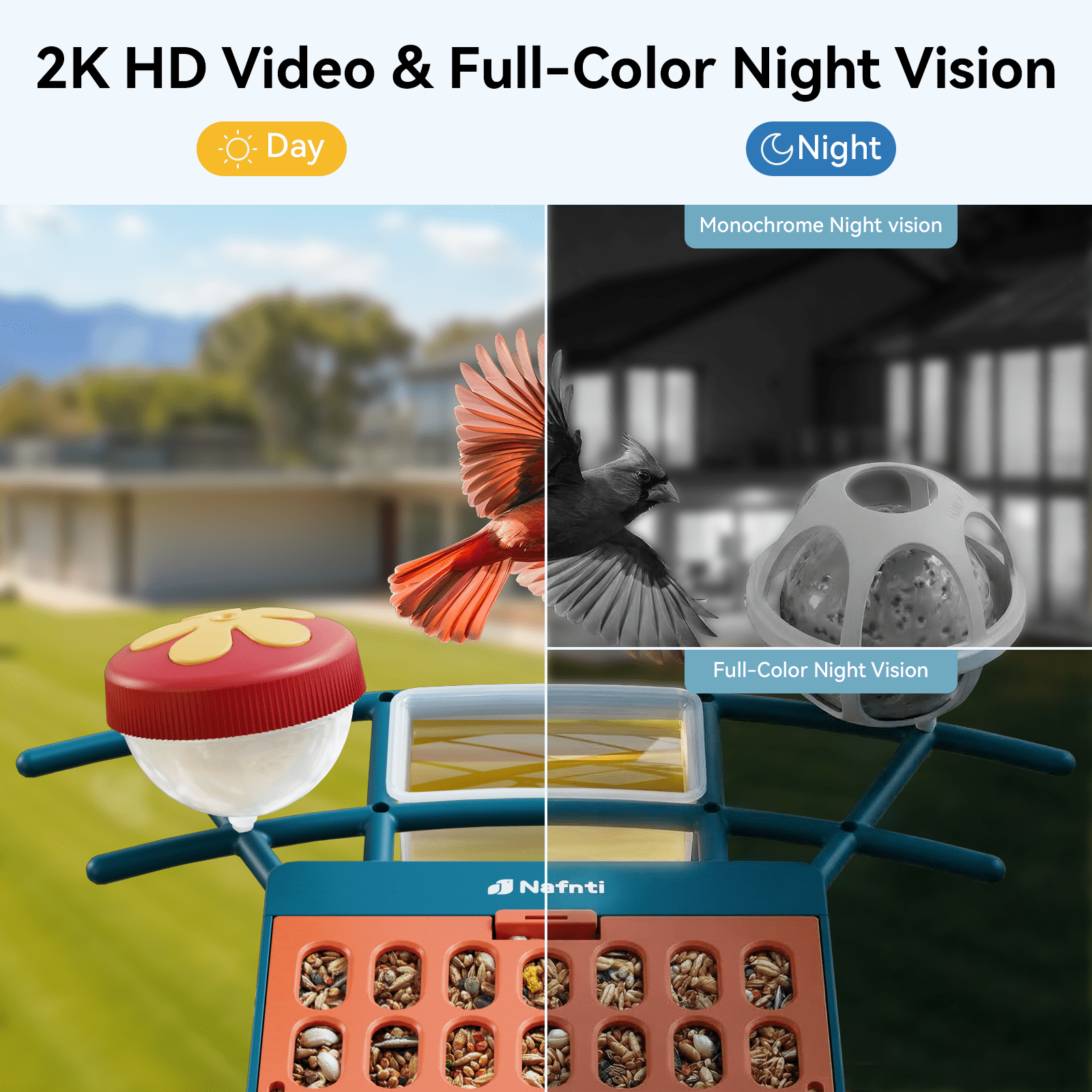 Nafnti Smart Bird Feeder with Camera, 2K HD Bird Camera Solar Powered, 5GHz/2.4GHz, 10000+ AI Bird Identification & Instant Alerts, IP65 Waterproof, Gift for Bird Lovers, Blue