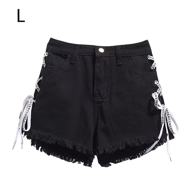 Pantalones cortos de mezclilla para mujer Pantalones cortos sueltos de Jean para niña Pantalones ajustados de cintura alta, Negro, L sidaley AP001242-07B