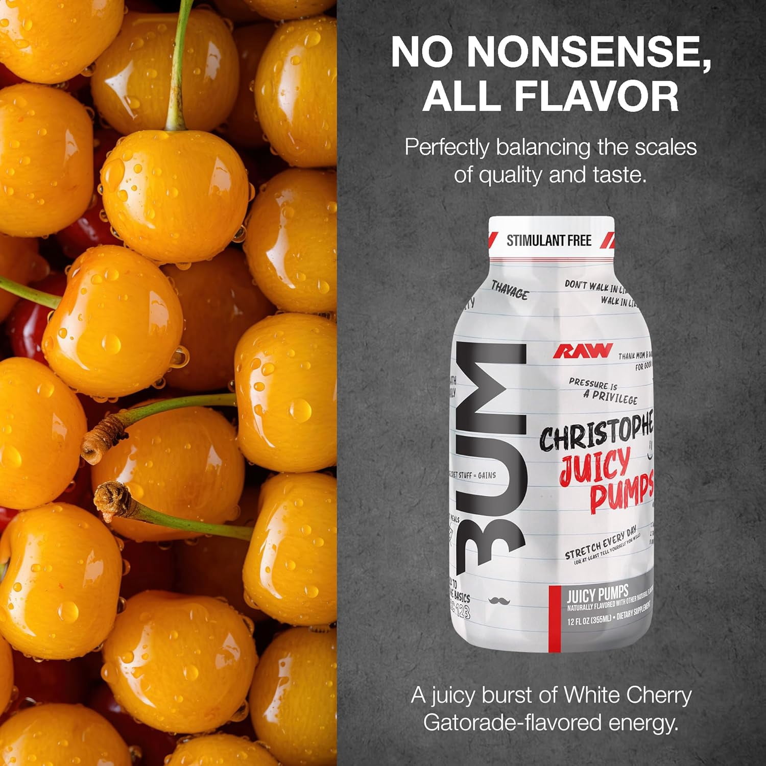 RAW Ready to Drink Pre-Workout Drink, Juicy Pumps (White Cherry) - Bum Pump RTD Zero-Sugar Energy Supplement Drink - Caffeine-Free & Sugar-Free Energy Drinks with L-Citrulline, 12 Fl Oz
