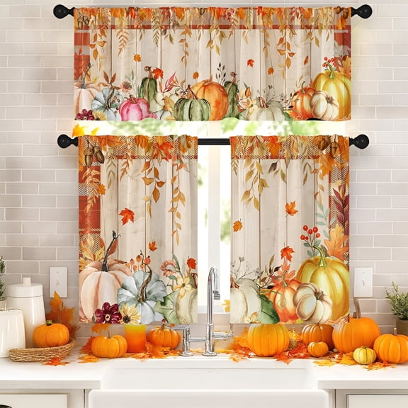 ARLAJO Fall Buffalo Plaid Kitchen Window Curtains&Valances Set 36 Inch,Rustic Maple Leaves Pumpkins Farmhouse Short Tier Curtain for Cafe Living Room Bathroom,Autumn 3 Pieces Set Kitchen Decor