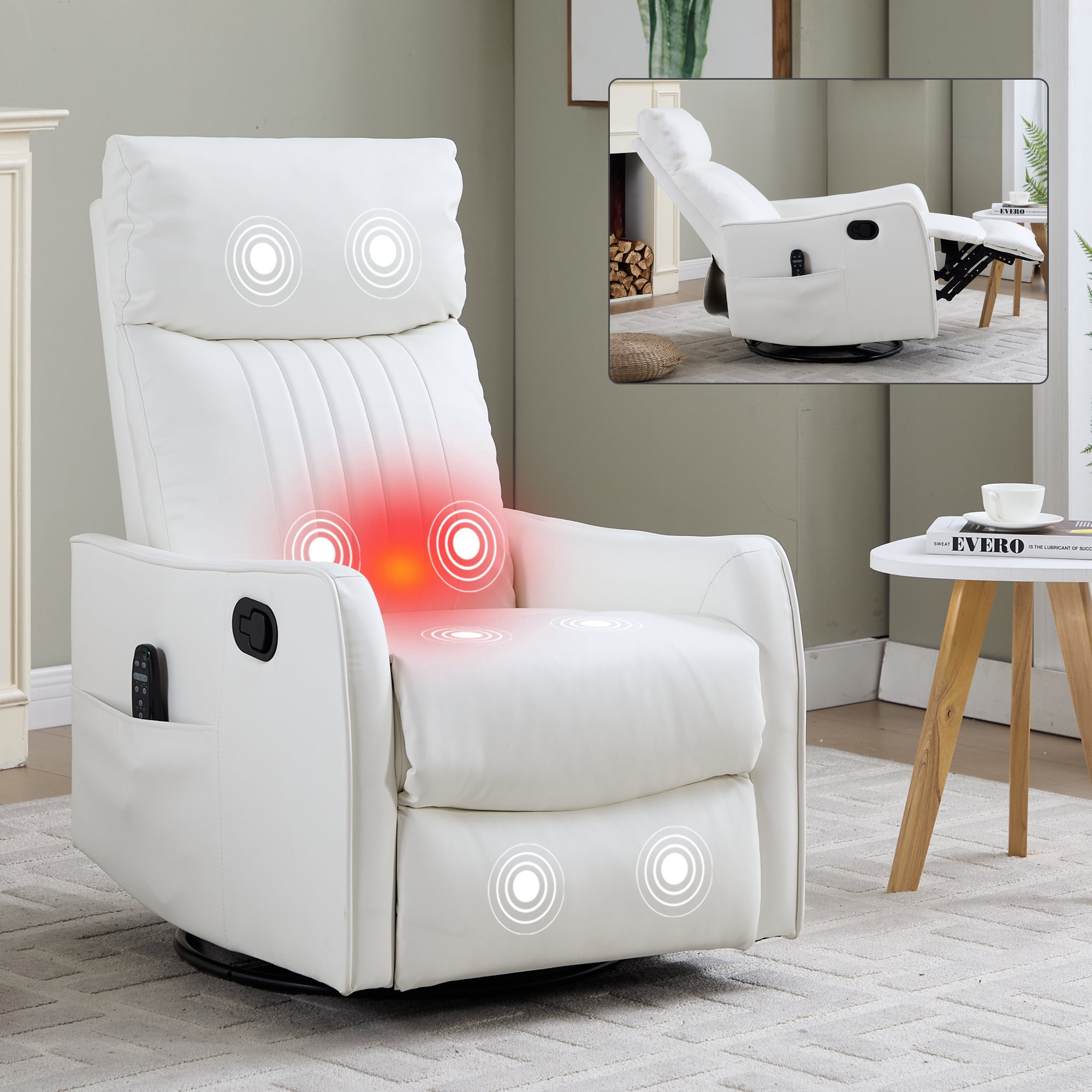 Gewnee Manual Recliner with 360°Swivel Rocker,8-Point Massage Recliner Chair with Heating,Comfy Single Sofa with Side Pockets for Living Room,Bedroom.White PU