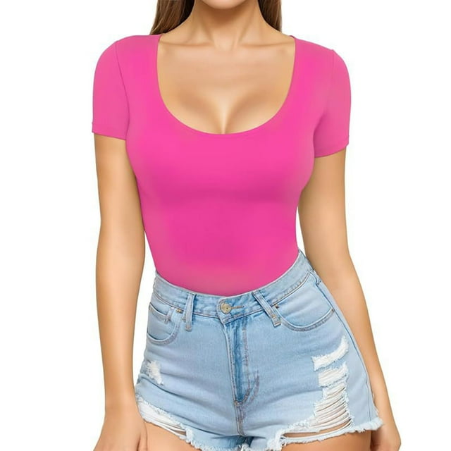 Annhoo T-Shirts à Manches Courtes pour Femmes Col Rond Ajusté Crop Tops Été 2025 Couleur Unie Sorties Basiques
