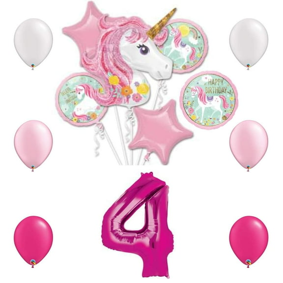 Magical Unicorn Birthday Party Balloon Bundle for 4 Year Old, includes 13 Balloons