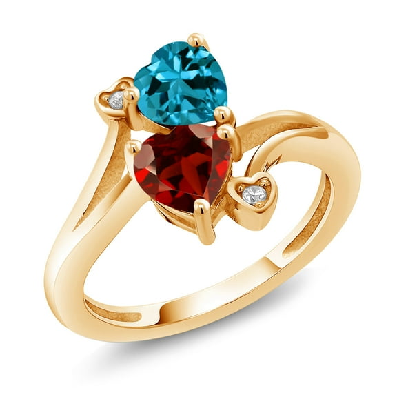 Gem Stone King 10K Yellow Gold London Blue Topaz Red Garnet and Diamond Accent Ring for Women | 1.88 Cttw | Heart Shape 6MM | Gemstone Birthstone (Size 9)