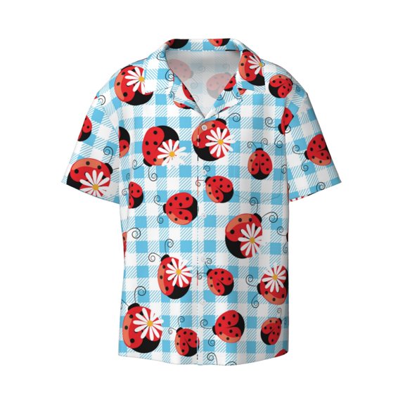 Naloa Flowers and Lady Bugs Men's Loose Fit Cuban Collar Short-Sleeve Shirt with Button-down and Chest Pocket for Everyday Wear Outings - Small