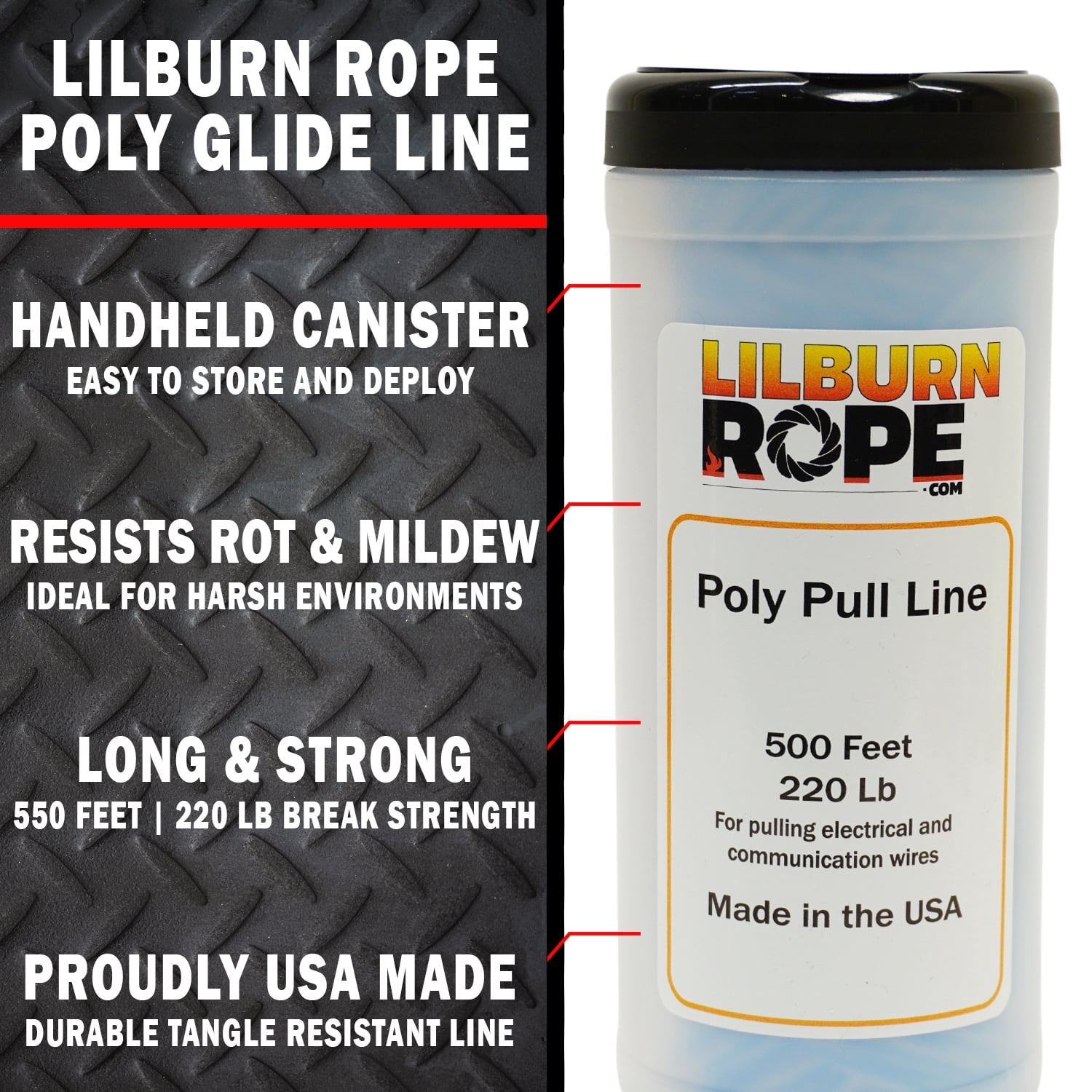 Lilburn Rope Co. Glide Line Polly Pull Line - 500 Foot Canister with Reusable Lid - Blue and White - Made for Power Fishing Systems, Sport Fishing, Conduit Pulling, Electrical Wire Work