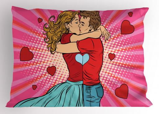 Boyfriend Pillow Sham Pop Art Style Image Couple Kissing Each