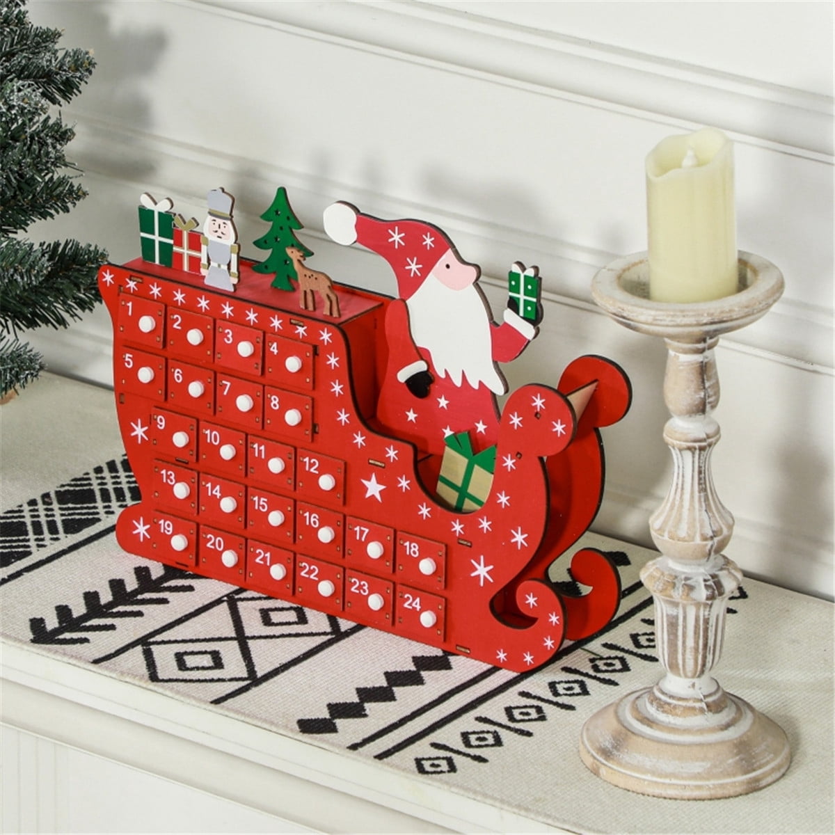Santa Sleigh Christmas Advent Calendar 24-Day Drawer Style Countdown Decor for Desks Mantles Fireplaces Holiday Treat Storage Red