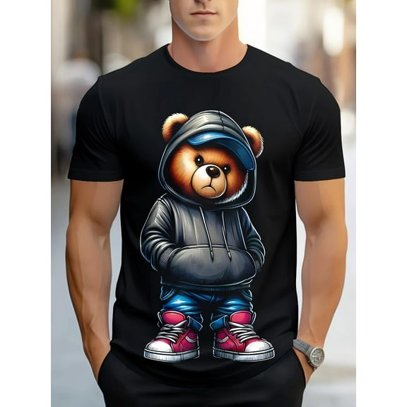 Breathable Men'S Casual 100% Cotton T-Shirt with 3D Bear Graphic Print, Crew Neck, Slight Stretch, Regular Fit, Geometric Pattern - Stylish Novelty Tee Tee For Adult, Men, Women, Teen, Teenager, Adol