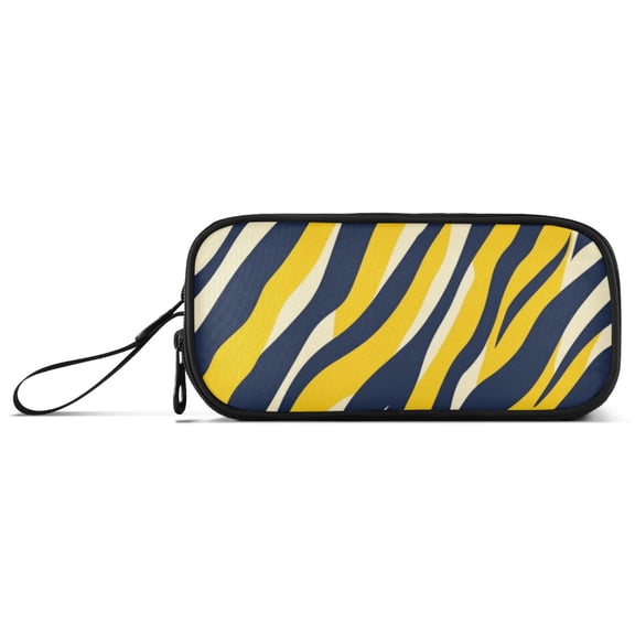 Navy Blue Yellow Zabra Skin Print Pencil Case Stationary Holder Pen Bag Pencil Pouch Tool Organizer 3 Compartments