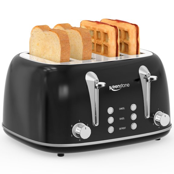 Tostadora retro Keenstone de 4 rebanadas de acero inoxidable negro