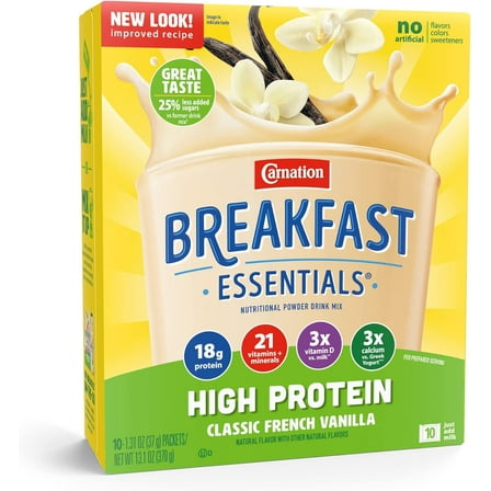 Carnation Breakfast Essentials High Protein Drink Mix, Classic French Vanilla, 10 CT, 12.7 OZ (Pack of 3)