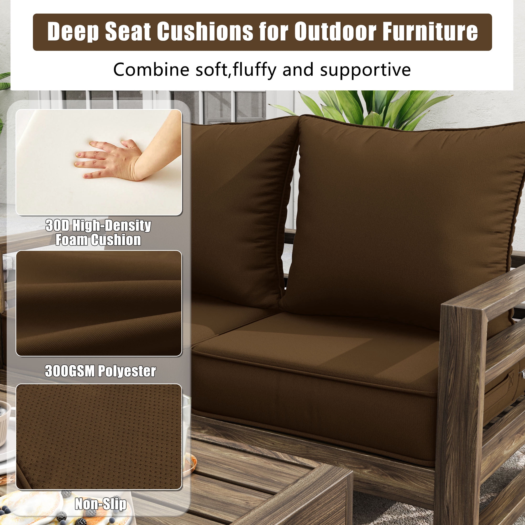 Kimunuk Outdoor Deep Seat Cushion Set for Patio Furniture, Splash-Proof & Fade Resistant, 22" L X 22" W X 4" H, Chocolate