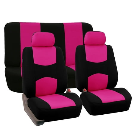 FH Group Universal Flat Cloth Fabric 2 Headrests Full Set Car Seat Cover, Pink and Black