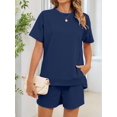 thumbnail image 5 of Women 2 Piece Outfits Sweatsuits Summer Short Sleeve Loungewear Tracksuit Round Neck Lounge Shorts Sets Navy Blue S, 5 of 10