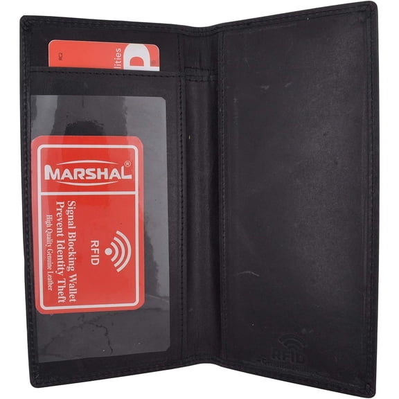 Marshal RFID Blocking Hand Crafted Hunter Genuine Leather Checkbook Cover Simple Black