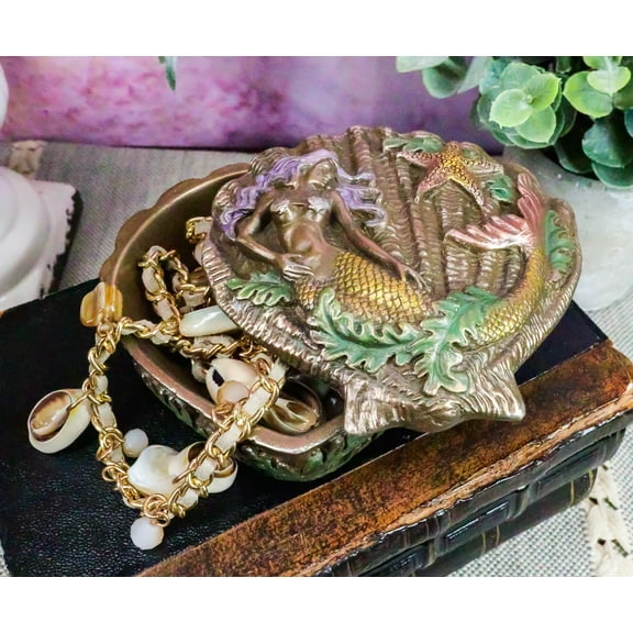 Ebros Ocean Siren Mermaid With Starfish Oyster Shell Shaped Jewelry Box Trinket