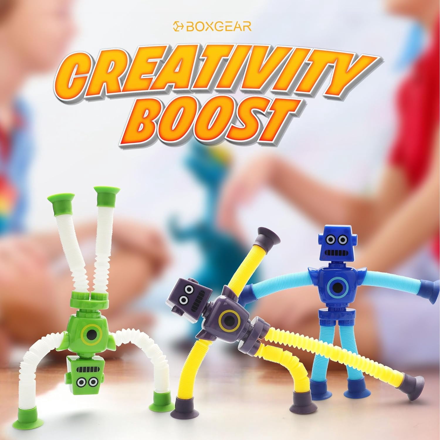 BoxGear LED Robot Toy Set, 4 Pieces with Telescopic Pop Tubes Fidget Sensory Toys for Toddlers (Multi-color)