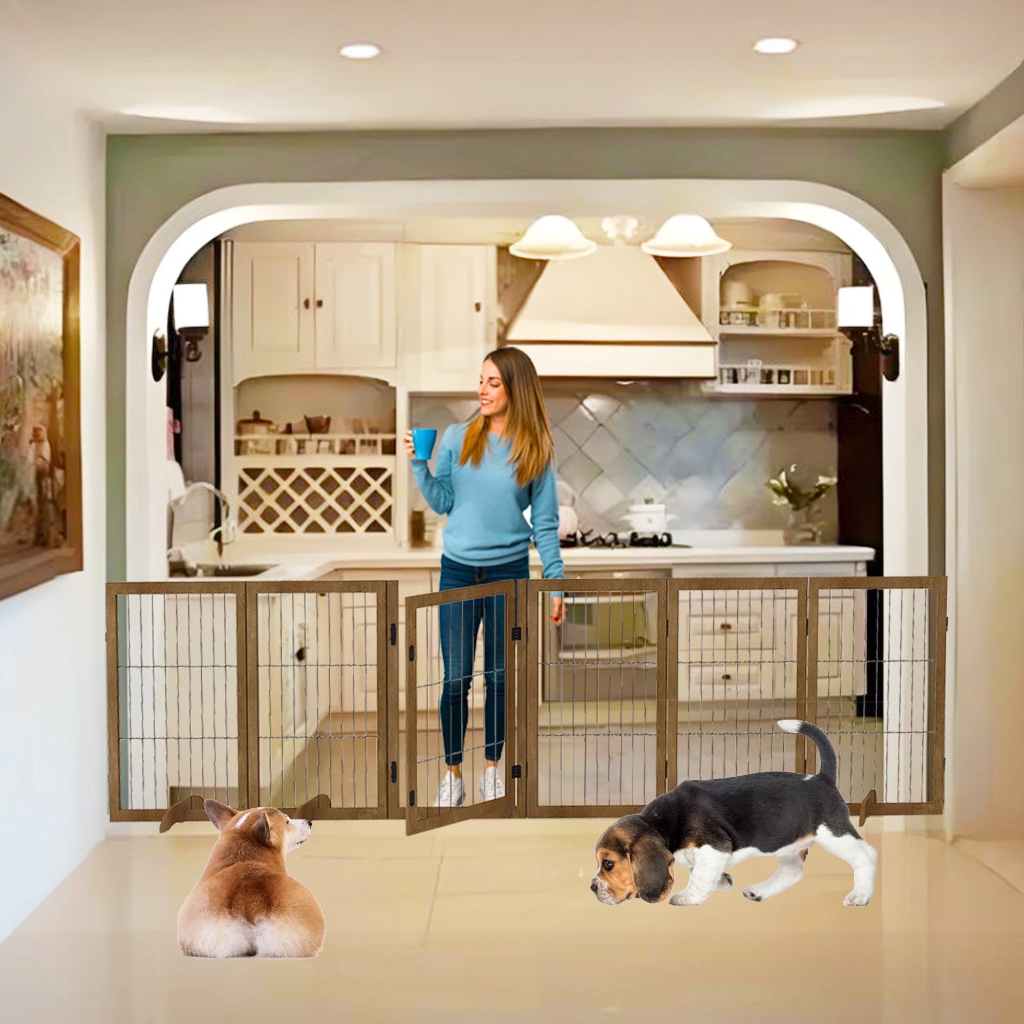 Dog Gate 144" Wide 32" Tall with Door Walk Through 6 Panels Reinforced Foldable Wood Pet Puppy Gate Door Safety Fence Barrier for House Doorway Stairs Dog Cage Playpen