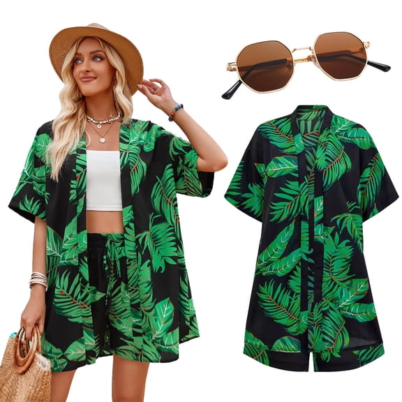 Hawaiian Shirts for Women, Women's Hawaiian Shirt and Shorts Button Down Short Sleeve Outfits Sunglasses Tropical Summer Beach Holiday Party Fancy Dress