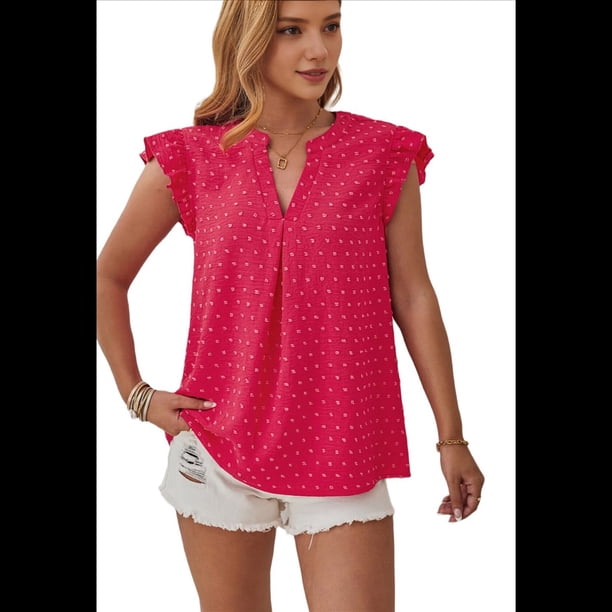 Blusa de Mujer con Cuello en V y Mangas con Volantes, Holgada, Elegante, Informal, , de Verano, Color Rosa y Rojo, Talla M