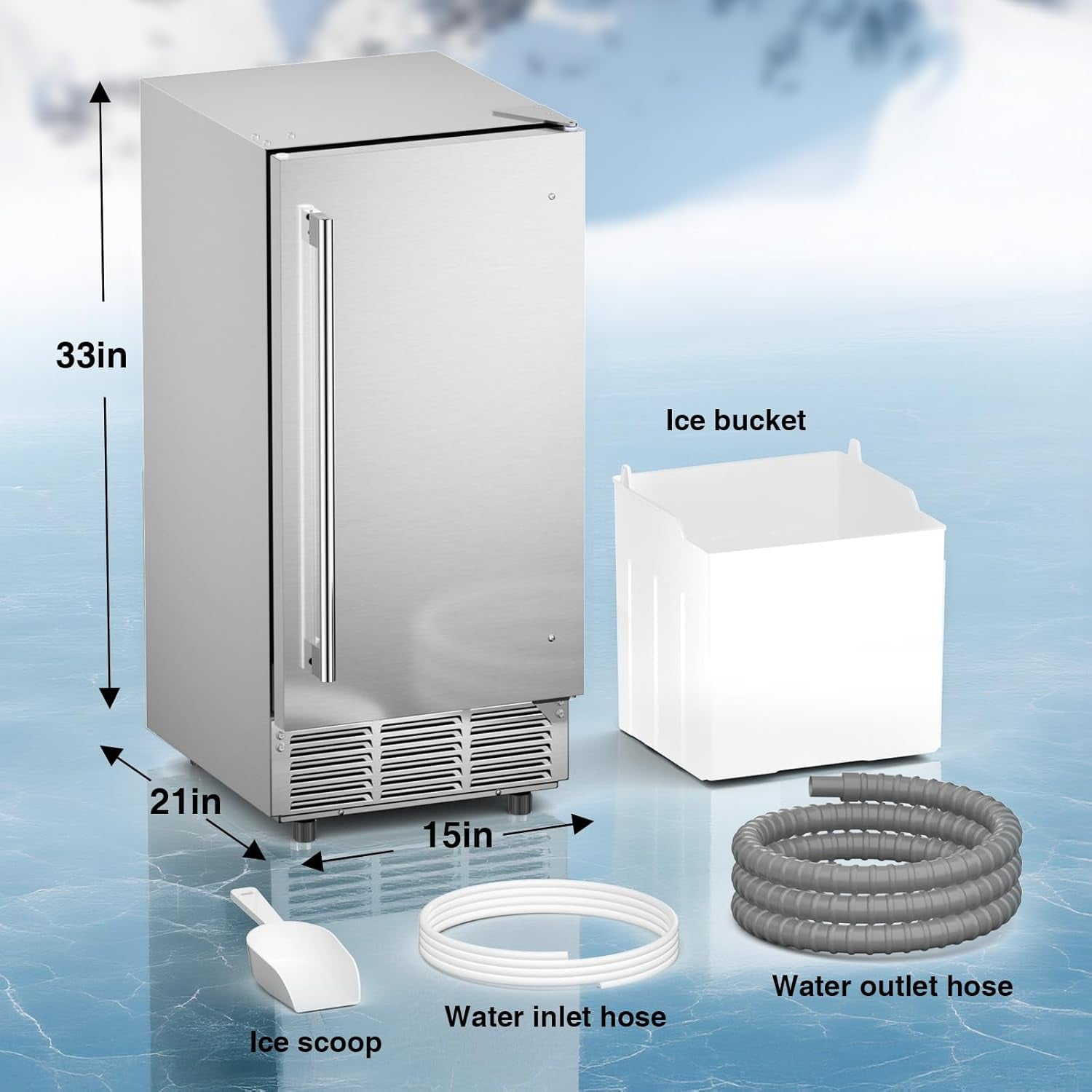 XUTUMM 15" Ice Maker, 85Lbs/24H Under Counter w/ 30Lbs Bin, Built-in/Freestanding, Auto-Clean, Stainless Steel