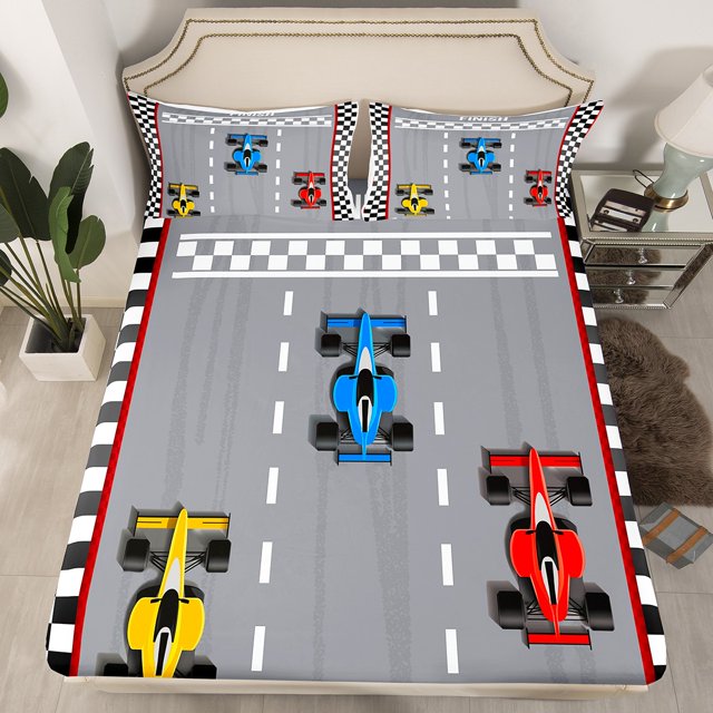 Erosebridal Colorful Race Car Fitted Sheet Set Queen for Teens Kids, Racing Track Bedroom Set, Grey, Super Cozy 3pcs