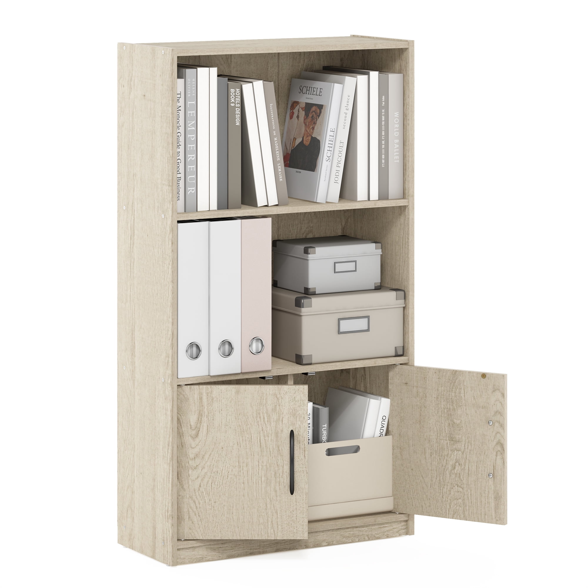 Furinno Gruen 3-Tier Bookcase with 2 Doors Storage Cabinet in Metropolitan Pine