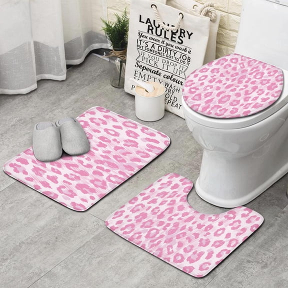 Pink and Pink Of Leopard Print Bathroom Rugs Sets 3 Piece,Toilet Cover Set,Absorbent Non Slip Bathroom Mats Sets with U-Shaped Contour Rug Toilet Rug Set