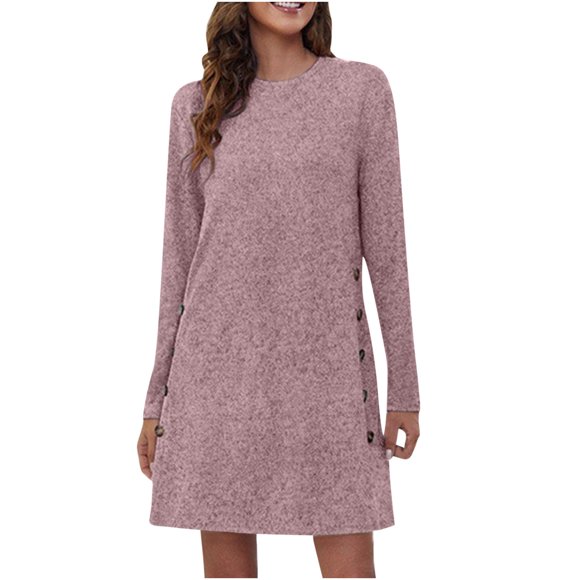 TopLLC Long Sleeve Round-Neck Dress Fashion Woman Causal Long Sleeve Solid Round-neck Button Dress Wome Dress