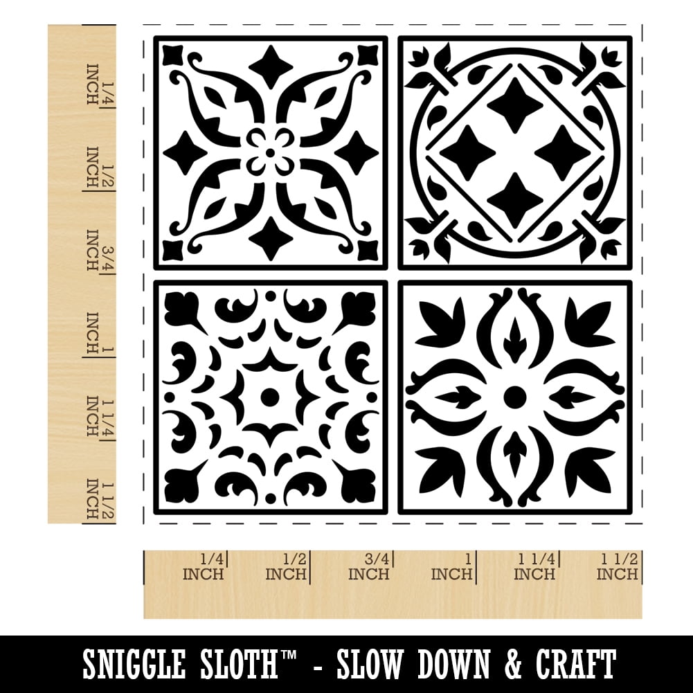 Mediterranean Mosaic Floral Tiles Pattern Self-Inking Rubber Stamp Ink Stamper - Blue Ink - Large 1-1/2 Inch
